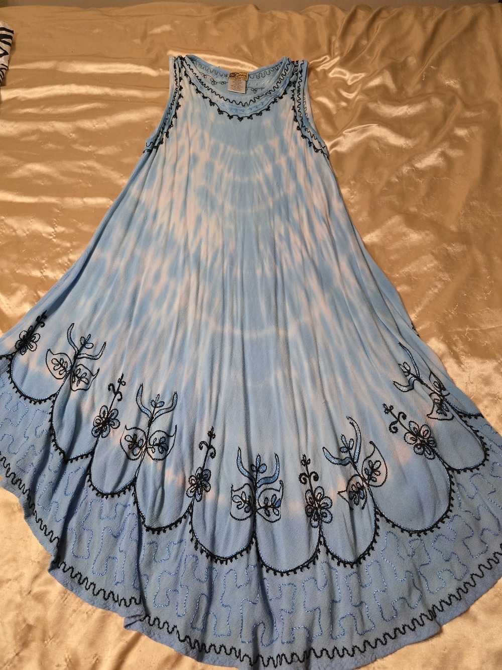 Ingear Light Blue Tie-Dye Maxi Dress with Black Embroidery